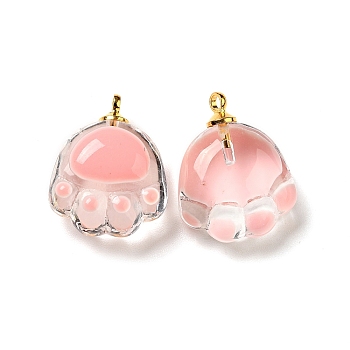 Transparent Glass Pendants, with Golden Tone Alloy Loops and Enamel, Cat Paw, Pink, 18.5x14.5x7.5mm, Hole: 1.6mm