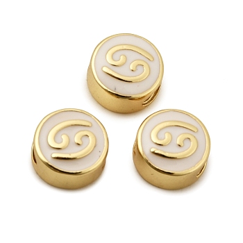 Brass Beads, Cadmium Free & Lead Free, with Enamel, Flat Round with Constellation, Real 18K Gold Plated, White, Cancer, 10x5mm, Hole: 4.5x2.5mm