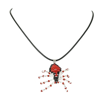 Braided Glass Seed Bead Spider Pendant Necklaces, Waxed Cotton Cord Necklaces for Women, Red, 19.69 inch(50cm)