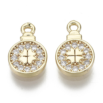 Brass Micro Pave Clear Cubic Zirconia Charms, Nickel Free, Flat Round, Real 18K Gold Plated, 12x7x1.5mm, Hole: 1mm