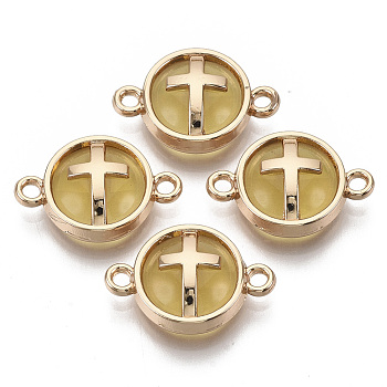 Glass Links connectors, with Light Gold Plated Alloy Findings, Flat Round with Cross, Goldenrod, 13.5x19.5x5.5mm, Hole: 1.6mm