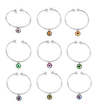 Flat Round with Evil Eye Charm Open Cuff Bangle, 304 Stainless Steel Torque Bangle for Women, Stainless Steel Color, Mixed Color, Inner Diameter: 2-1/4 inch(5.7cm)