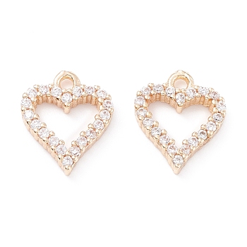 Rack Plating Brass Micro Pave Cubic Zirconia Charms, Long-Lasting Plated, Heart, Light Gold, 12.5x10.5x2mm, Hole: 1.4mm