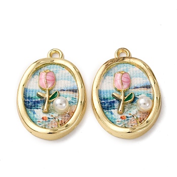 Printed Alloy Enamel Pendants, Oval Flower Charms, with ABS Imitation Pearl, Rack Plating, Light Gold, Light Cyan, 26x17x5.5mm, Hole: 1.8mm