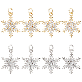 8Pcs 2 Colors Rack Plating Brass Micro Pave Clear Cubic Zirconia Pendants, with Jump Ring, Long-Lasting Plated, Cadmium Free & Lead Free, Snowflake Charm, Mixed Color, 20x15.5x5mm, Hole: 3.5mm, 4pcs/color