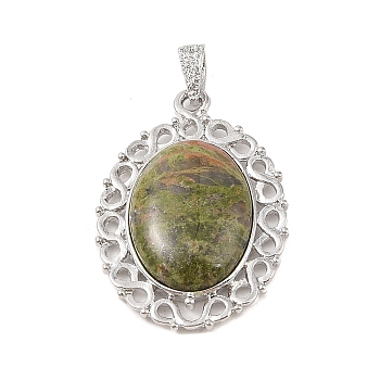 Natural Unakite Pendants, with Platinum Tone Alloy Findings, Oval Charms, 41x28.5x7.5mm, Hole: 7.2x4mm