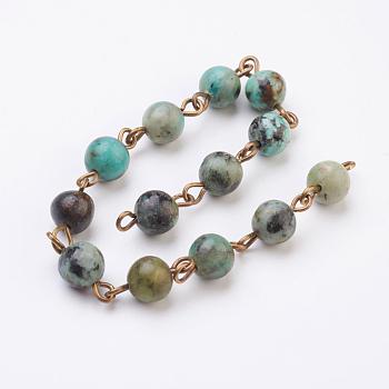 Handmade Natural African Turquoise(Jasper) Beaded Chains, Unwelded, with Iron Eye Pin, Antique Bronze, 39.37 inch, 1m/strand