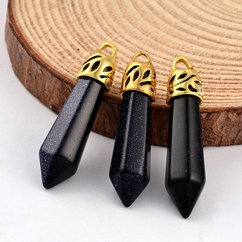 Bullet Synthetic Blue Goldstone Pendants, with Golden Tone Alloy Findings, 34~36x8~9mm, Hole: 3x2mm