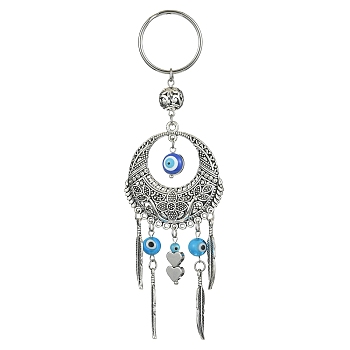 Handmade Lampwork Evil Eye Pendant Keychain, with 304 Stainless Steel Split Key Rings & Alloy Findings, Flat Round with Feather, Heart, 14cm