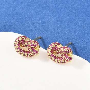knot Brass Micro Pave Cubic Zirconia Stud Earrings, Pave Cluster Earring, Rack Plating, Long-Lasting Plated, Cadmium Free & Lead Free, Real 18K Gold Plated, Medium Violet Red, 7x11.5mm