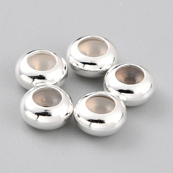 Brass Beads, with Rubber Inside, Slider Beads, Stopper Beads, Long-Lasting Plated, Rondelle, 925 Sterling Silver Plated, 5x2.5mm, Rubber Hole: 1.2mm