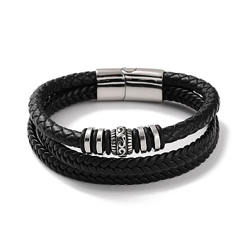 Men's Braided Black PU Leather Cord Multi-Strand Bracelets, Ring 304 Stainless Steel Link Bracelets with Magnetic Clasps, Antique Silver, 8-3/4 inch(22.2cm)
