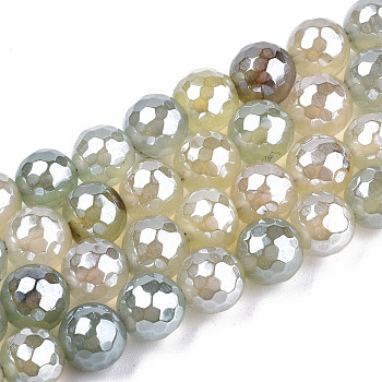 Electroplate Natural Agate Beads Strands, Dyed, Faceted, Pearl Luster Plated, Round, Honeydew, 8.5x7~8mm, Hole: 1.2mm, about 47~48pcs/strand, 13.78 inch~13.98 inch(35cm~35.5cm)