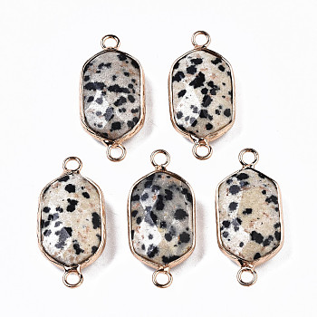 Natural Dalmatian Jasper Links Connectors, with Edge Light Gold Plated Brass Findings, Faceted, Hexagon, 29.5x14x6mm, Hole: 2mm