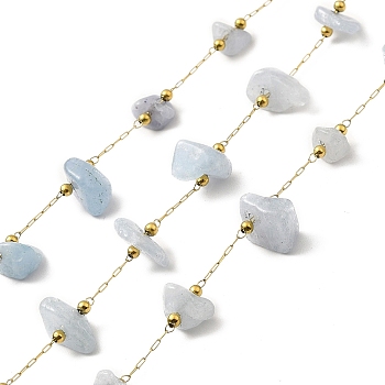 Ion Plating(IP) 316 Surgical Stainless Steel Paperclip Chains, with Natural Aquamarine Nuggets Beads, Soldered, Real 18K Gold Plated, with Spool, 2.5x1x0.5mm