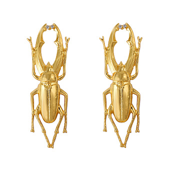 Alloy Stud Earrings for Women, with Rhinestone, Beetles, Golden, 94x31mm