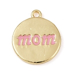 Mother's Day Brass Enamel Charms, Flat Round with Word Mom Charm, Lead Free & Cadmium Free, Long-Lasting Plated, Rack Plating, Real 18K Gold Plated, Pearl Pink, 15x13x2mm, Hole: 1.2mm(KK-R224-07C-G)