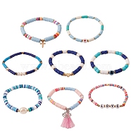 8Pcs 8 Style Polymer Clay Heishi & Natural Pearl & Non-magnetic Synthetic Hematite Beads Stretch Bracelets Set for Girl Women, Cotton Thread Tassel & Cross Charm Bracelets, Love & Heart Word Bracelets, Mixed Color, 2~2-1/4 inch(5~5.6cm), 1pc/style(BJEW-SZ0001-81)