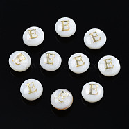 Natural Freshwater Shell Beads, with Golden Plated Brass Etched Metal Embellishments, Flat Round with Letter, Seashell Color, Letter.E, 6x4mm, Hole: 0.8mm(SHEL-S278-036E)