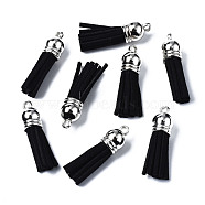 Faux Suede Tassel Pendant Decorations, with CCB Plastic Cord Ends, Platinum, Black, 35~37x10mm, Hole: 1.8mm(FIND-T002-A39)