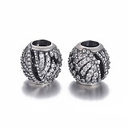 Hollow 925 Sterling Silver European Beads, Large Hole Beads, with Cubic Zirconia, Carved with 925, Round, Thai Sterling Silver Plated, 11x10mm, Hole: 4.5mm(OPDL-L017-034TAS)