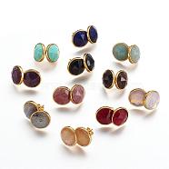 Natural & Synthetic Mixed Stone Ear Studs, with Brass Findings, Golden, Flat Round, 15mm, Pin: 0.8mm(EJEW-G197-B)