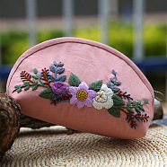 DIY Flower Pattern Moon-shaped Cosmetic Bag Embroidery Beginner Kit, including Embroidery Needles & Thread, Cotton Linen Fabric, Imitation Bamboo Embroidery Hoop, Instruction Sheet, Pink, 120x170x80mm(PW22112421248)