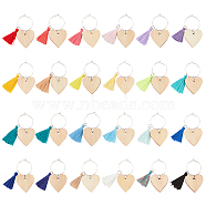 1 Set Heart Wood Wine Glass Charms, with Polycotton Tassel and Brass Rings, Mixed Color, 65mm, 24pcs/set(AJEW-BC0004-30)