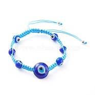 Adjustable Nylon Thread Braided Bead Bracelets, with Handmade Evil Eye Lampwork Beads, Deep Sky Blue, Inner Diameter: 2~3-3/8 inch(5~8.5cm)(BJEW-JB06067-01)