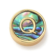 Brass Beads, with Resin Imitation Paua Shell, Flat Round, Real 14K Gold Plated, Letter Q, 13.5x4mm, Hole: 1.6mm(KK-U046-17G-Q)