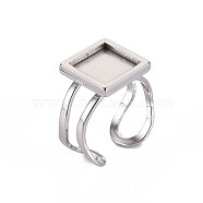 201 Stainless Steel Cuff Pad Ring Settings, Laser Cut, Square, Stainless Steel Color, Tray: 10x10mm, US Size 7 1/4(17.5)~US Size 8(18mm)(STAS-S080-041A-P)