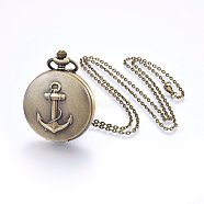 Alloy Pendant Necklace Quartz Pocket Watch, with Iron Chains and Lobster Claw Clasps, Flat Round with Anchor, Antique Bronze, 31.9 inch(81cm), Watch: 65x47x14mm(WACH-F051-07AB)