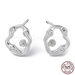 Rhodium Plated 925 Sterling Silver Stud Earring Findings, with Micro Pave Clear Cubic Zirconia, Hollow Twist Oval, for Half Drilled Beads, with S925 Stamp, Real Platinum Plated, 9.5x8.5mm, Pin: 11x0.7mm and 0.7mm(STER-M115-08P)