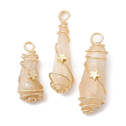 Electroplated Natural Quartz Crystal Dyed Copper Wire Wrapped Pendants, Teardrop Charms with Brass Star, Golden, Wheat, 28~39x8~12x8mm, Hole: 4mm(PALLOY-JF02326-07)