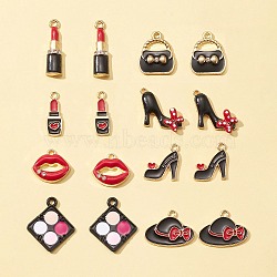 16Pcs 8 Style Rack Plating Alloy Enamel Pendants, with Crystal Rhinestone, Cadmium Free & Nickel Free & Lead Free, Lipstick & Bag & High Heels with Red Bowknot, Mixed Color, 16~26x7~20.5x1~4mm, Hole: 1.2~2mm, 2pcs/style(ENAM-FS0001-40)