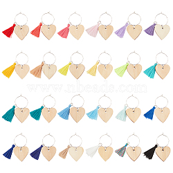 1 Set Heart Wood Wine Glass Charms, with Polycotton Tassel and Brass Rings, Mixed Color, 65mm, 24pcs/set(AJEW-BC0004-30)