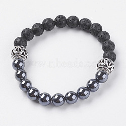 Natural Lava Rock Beads Stretch Bracelets, with Synthetic Hematite and Alloy Finding, Antique Silver, 2-1/8 inch(54mm)(BJEW-E326-04)