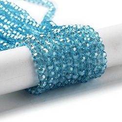 Electroplate Transparent Glass Beads Strands, Faceted(32 Facets), Round, Pearl Luster Plated, Deep Sky Blue, 4mm, Hole: 0.7mm, about 88~95pcs/strand, 12.99~14.06 inch(33~35.7cm)(EGLA-A035-T4mm-A08)