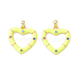 Rack Plating Brass Micro Pave Colorful Cubic Zirconia Pendants, with Enamel, Cadmium Free & Nickel Free & Lead Free, Real 18K Gold Plated, Heart, Yellow, 21x20.5x2.5mm, Hole: 4.5x2mm(KK-D073-07G-03)