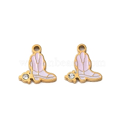 304 Stainless Steel Enamel Pendants, Boot Shape Charms, with Rhinestone, Ion Plating(IP), Golden, Lilac, 11x10x1.5mm, Hole: 1.4mm(SA-CBA7876-34G-02)