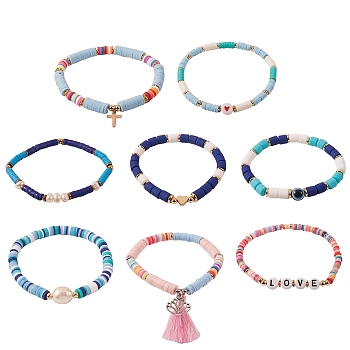 8Pcs 8 Style Polymer Clay Heishi & Natural Pearl & Non-magnetic Synthetic Hematite Beads Stretch Bracelets Set for Girl Women, Cotton Thread Tassel & Cross Charm Bracelets, Love & Heart Word Bracelets, Mixed Color, 2~2-1/4 inch(5~5.6cm), 1pc/style