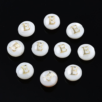 Natural Freshwater Shell Beads, with Golden Plated Brass Etched Metal Embellishments, Flat Round with Letter, Seashell Color, Letter.E, 6x4mm, Hole: 0.8mm