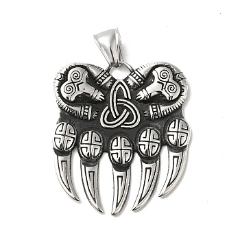 Viking Bear 304 Stainless Steel Manual Polishing Pendants, Claw Charms, Antique Silver, 39.5x33.5x3mm, Hole: 4x8.5mm