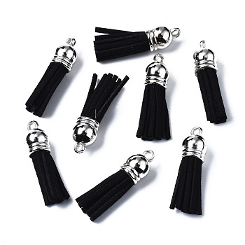 Faux Suede Tassel Pendant Decorations, with CCB Plastic Cord Ends, Platinum, Black, 35~37x10mm, Hole: 1.8mm