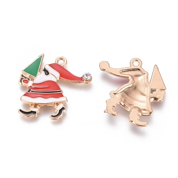 Alloy Enamel Pendants, with Crystal Rhinestone, Father Christmas/Santa Claus, Red, Golden, 23x23.5x2mm, Hole: 1.6mm