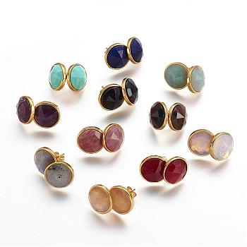 Natural & Synthetic Mixed Stone Ear Studs, with Brass Findings, Golden, Flat Round, 15mm, Pin: 0.8mm