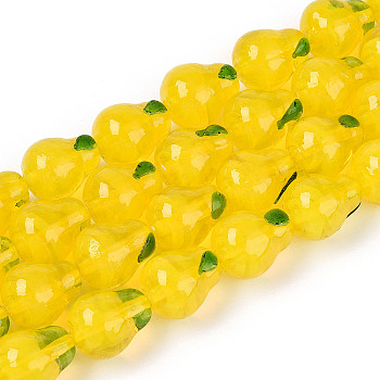 Handmade Lampwork Beads, Pear Charms, Yellow, 14~15x11.5~12x11.5~12mm, Hole: 0.9~1.2mm, about 20pcs/strand, 11.22~11.42''(28.5~29cm)
