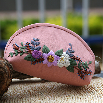 DIY Flower Pattern Moon-shaped Cosmetic Bag Embroidery Beginner Kit, including Embroidery Needles & Thread, Cotton Linen Fabric, Imitation Bamboo Embroidery Hoop, Instruction Sheet, Pink, 120x170x80mm