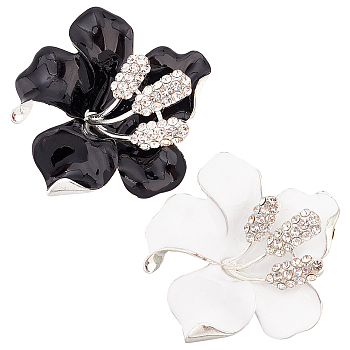 2Pcs 2 Colors Crystal Rhinestone Flower Brooch Pin, Silver Alloy Fashion Badge for Clothes Shawl, Black and White, 48x48x12mm, 1Pc/color