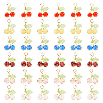 60Pcs 6 Colors Glass Pendants, Cherry Charm, with Acrylic & Light Golden Eco-Friendly Copper Wire, Faceted, Mixed Color, 16.5x15x5.5mm, Hole: 3.5mm, 10pcs/color